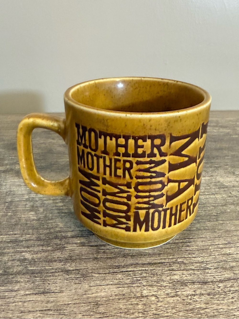 Vintage 70s Mother Mom Ma Stoneware Coffee Cup Mug Mustard Yellow/Brown Speckle